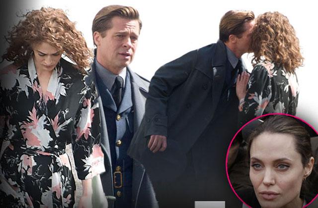 //brad pitt angelina jolie divorce rumors lizzy caplan kissing set pp