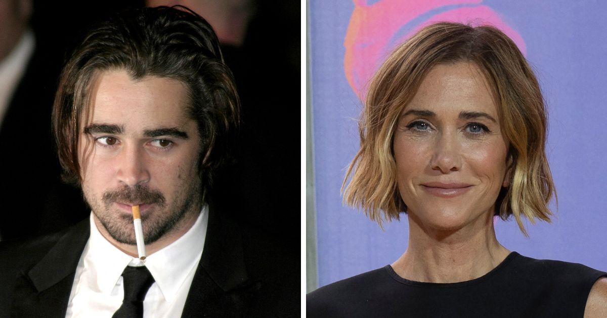 Split photo of Colin Farrell, Kristen Wiig