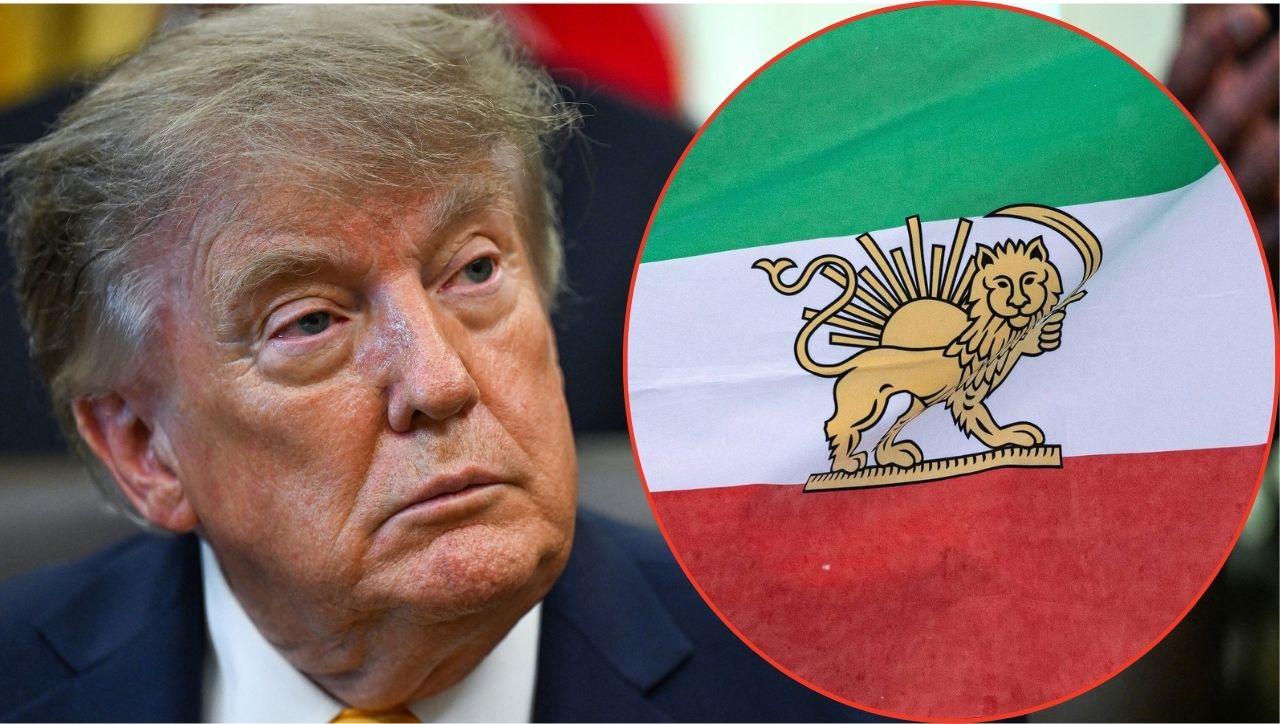 Split photo of Donald Trump and national flag of Iran
