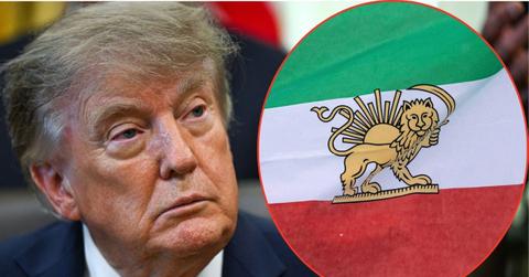 Split photo of Donald Trump and national flag of Iran