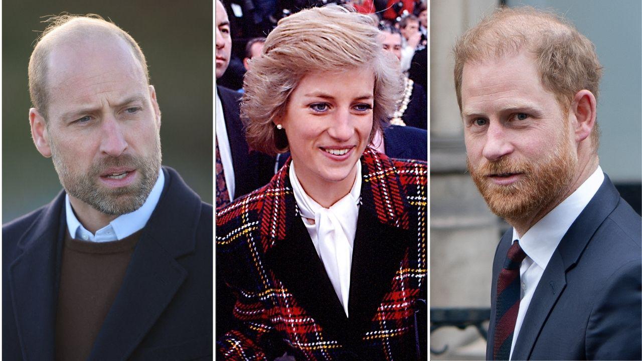 A photo of Prince William alongside a photo of Princess Diana alongside a photo of Prince Harry