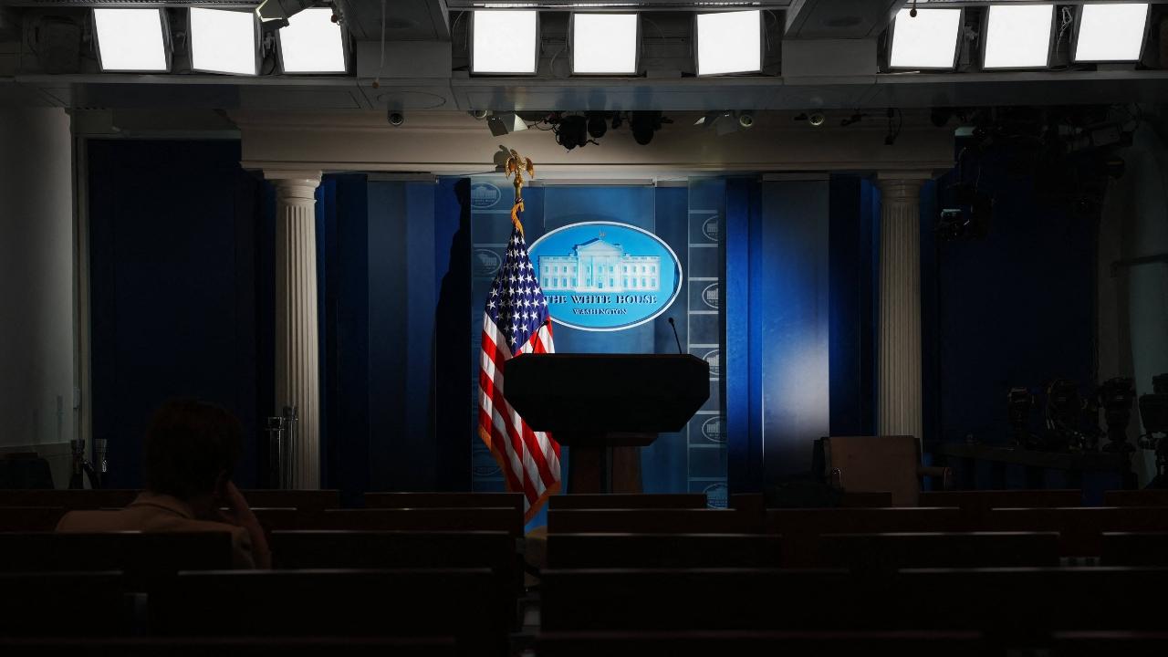 The podium where Trump, and other administration members, speak from during press conferences.