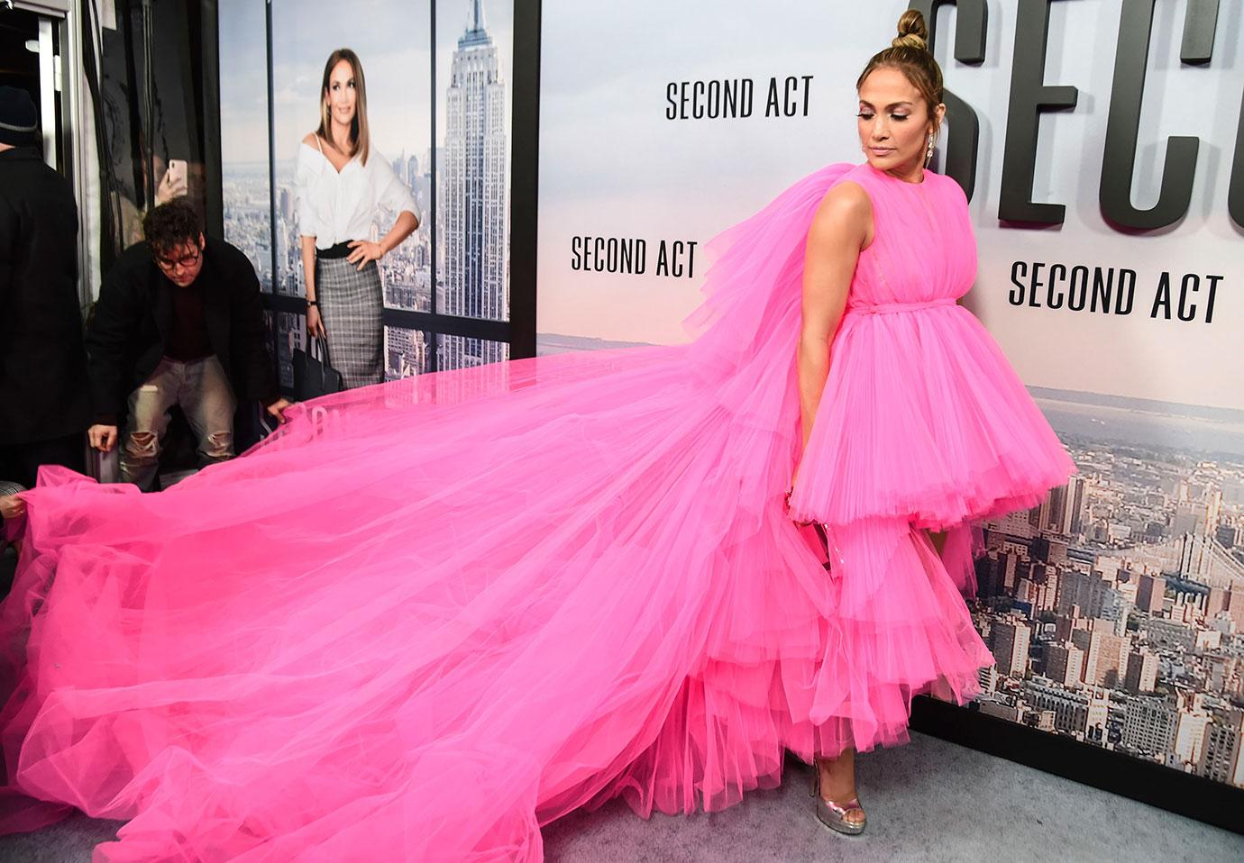 Jennifer Lopez Rocks Hot Pink Dress At ‘Second Act’ Premiere