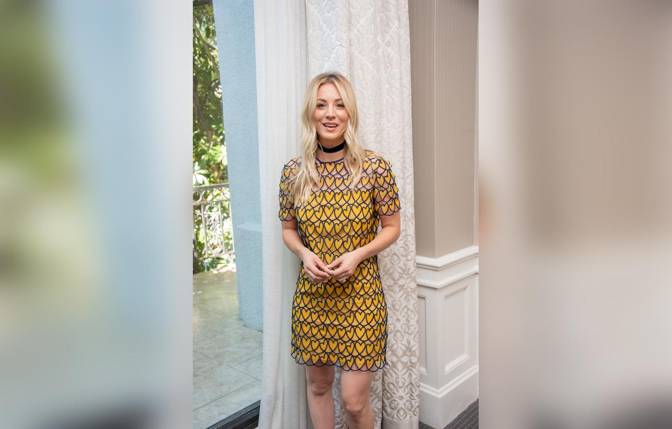 Kaley Cuoco In Yellow Heart pattern Shift Mini Dress