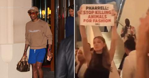 Composite photo of Pharrell and a PETA UK protester