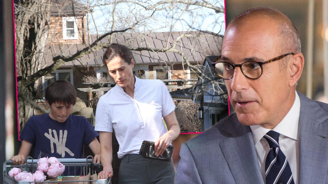 Jack Lauer Looking Down Sad with Mom Annette Roque Next to Inset of Hamptons House With Matt Lauer in Glasses and Light Blue-Grey Suit