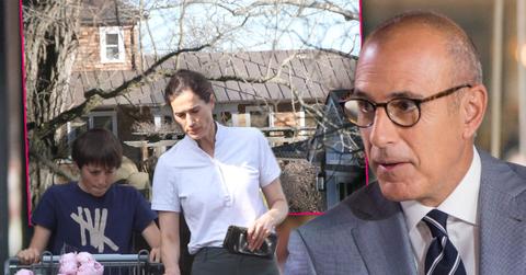 Jack Lauer Looking Down Sad with Mom Annette Roque Next to Inset of Hamptons House With Matt Lauer in Glasses and Light Blue-Grey Suit