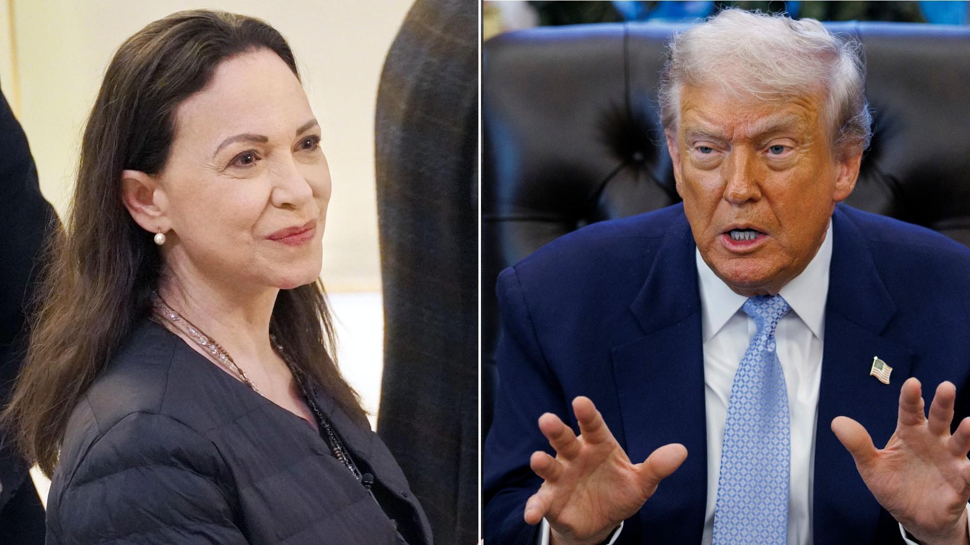 Split photo of Donald Trump, María Corina Machado