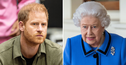 Split photo of Prince Harry, Queen Elizabeth II