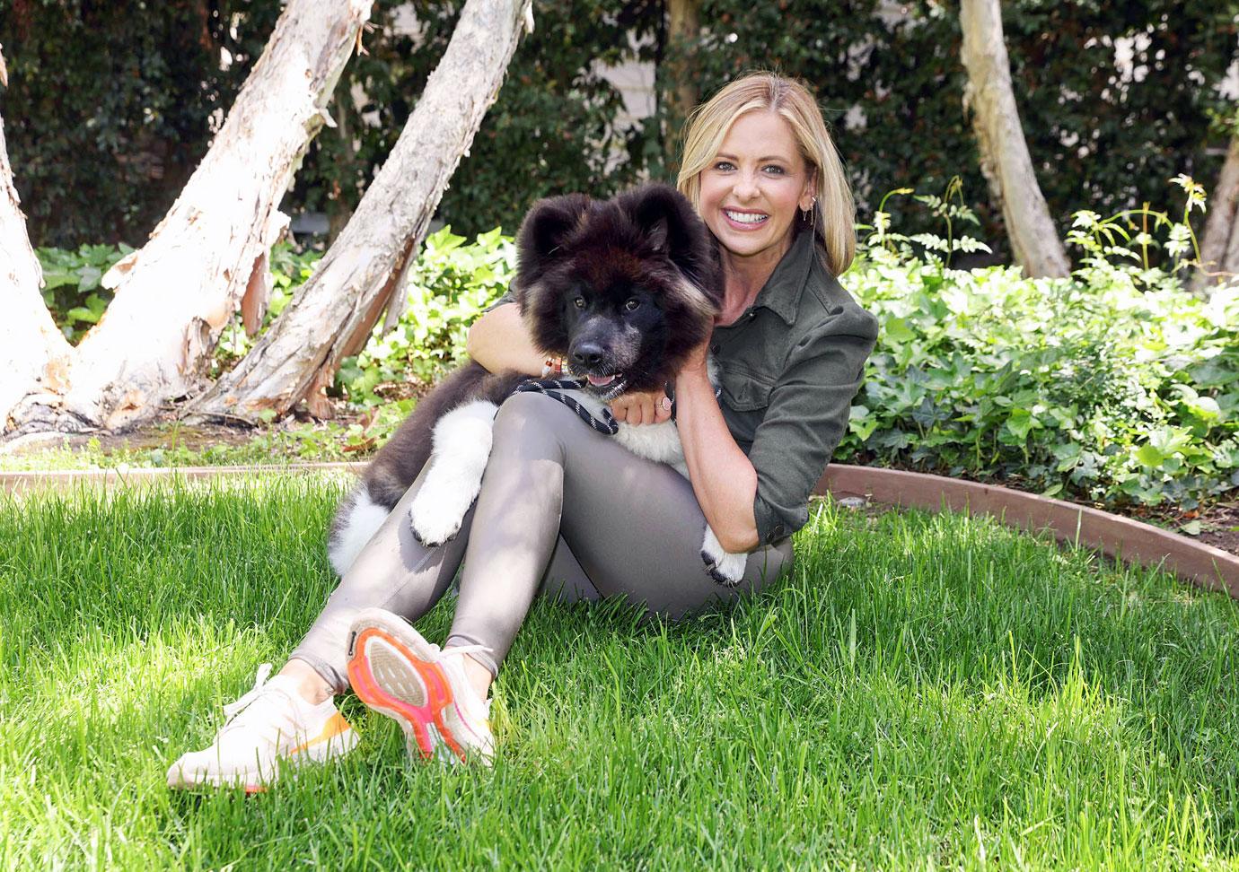 sarah michelle gellar and dog kumi playing