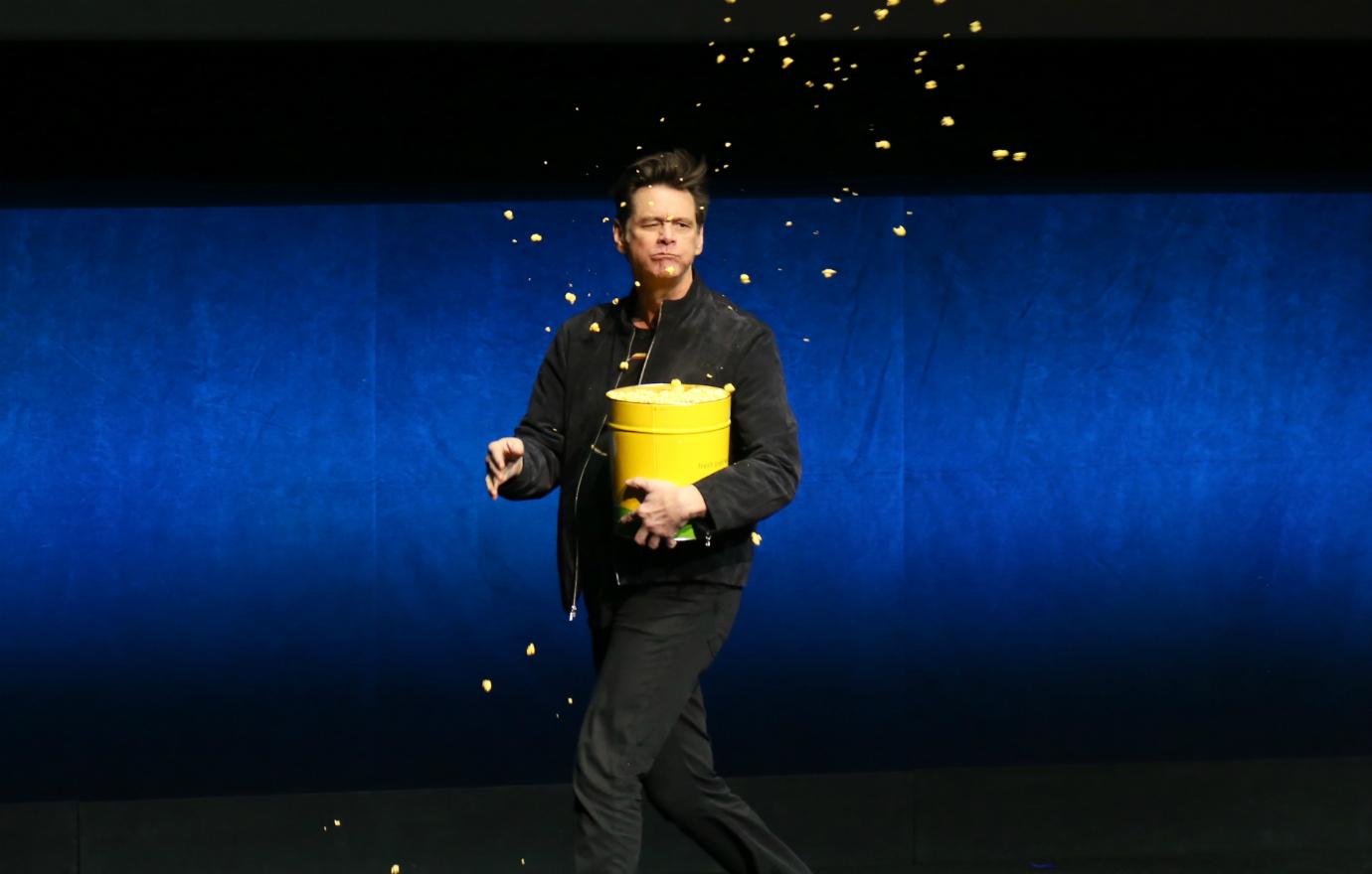 Jim Carrey threw popcorn into the air during Paramount Pictures exclusive presentation during CinemaCon at The Colosseum at Caesars Palace on April 04, 2019 in Las Vegas, Nevada.