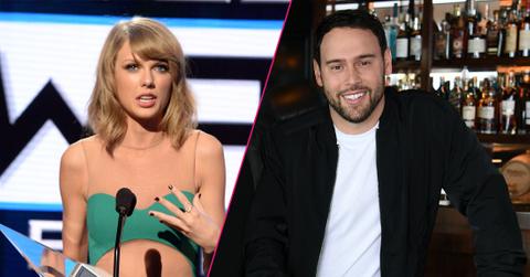 Taylor Swift, turqouise dress, Scoter Braun, inset bottom.