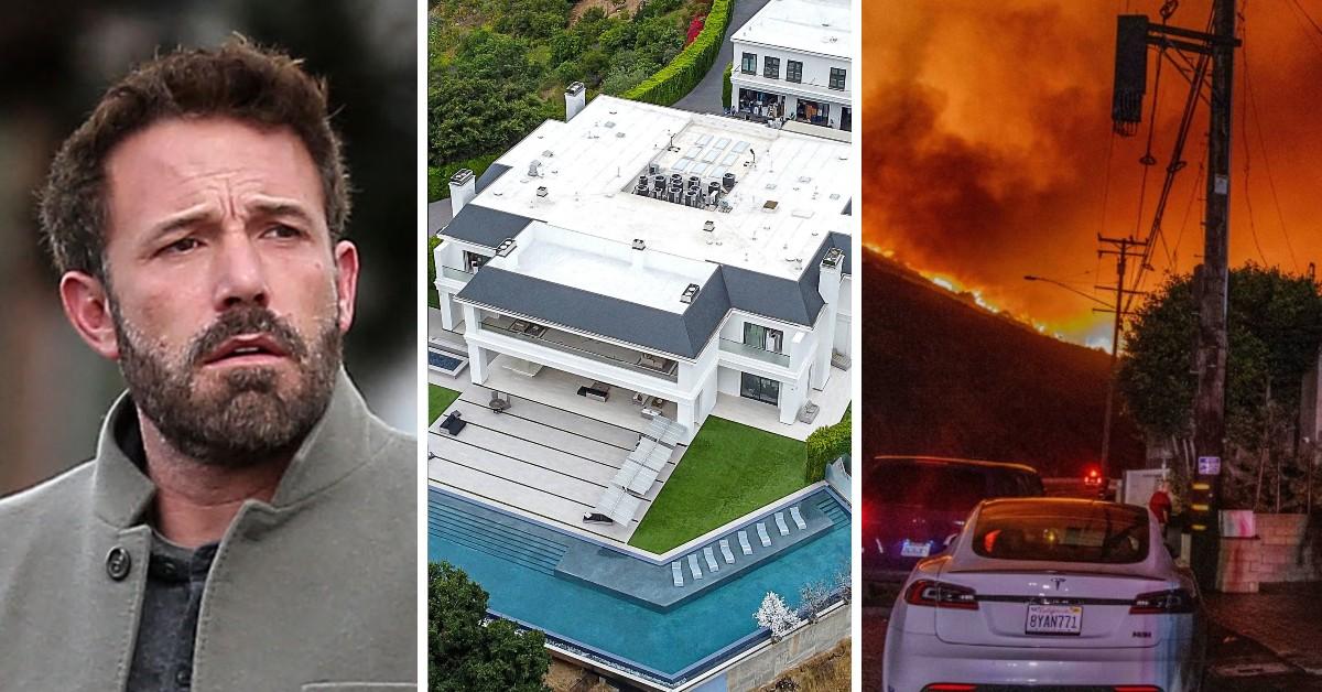 Composite photo of Ben Affleck, his mansion, wildfires