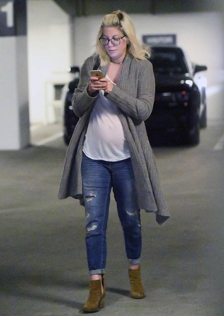 Tori Spelling Pregnant Baby Bump Sheer Shirt