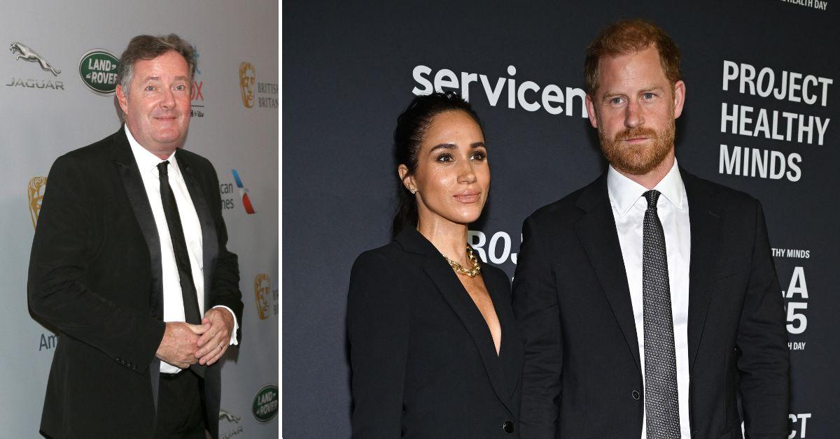 Split photo of Piers Morgan, Prince Harry and Meghan Markle
