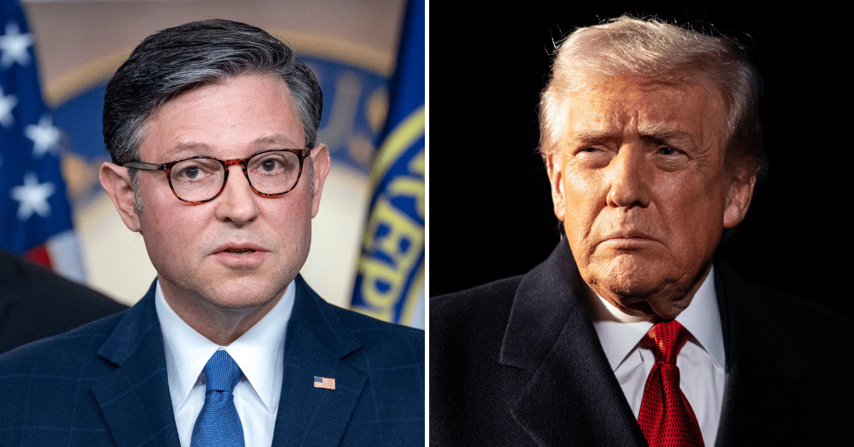 Split photo of Mike Johnson, Donald Trump