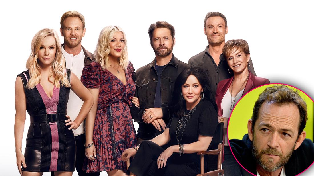 Inset of Luke Perry with Main of Tori Spelling, Brian Austin Green, Jennie Garth, Ian Ziering, Jason Priestly, Shannen Doherty ‘BH90210’ Cancelled After Just One Season