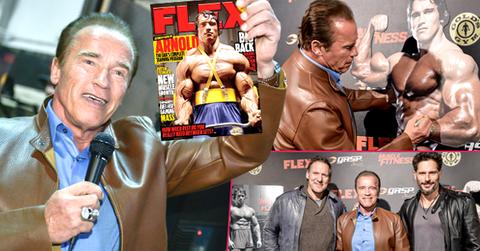 //flex arnold schwarzenegger celebrates bodybuilding cover wide