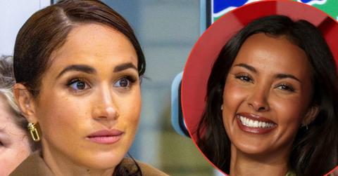 Split photo of Maya Jama and Meghan Markle