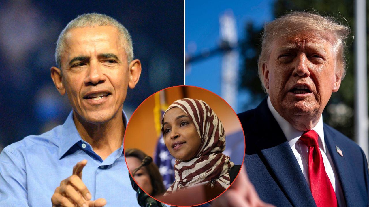 A photo of Barack Obama alongside a photo of Ilhan Omar alongside a photo of Donald Trump