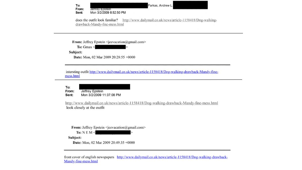 Epstein sent an email with a link to Ghislaine Maxwell about Mandelson's outfit.