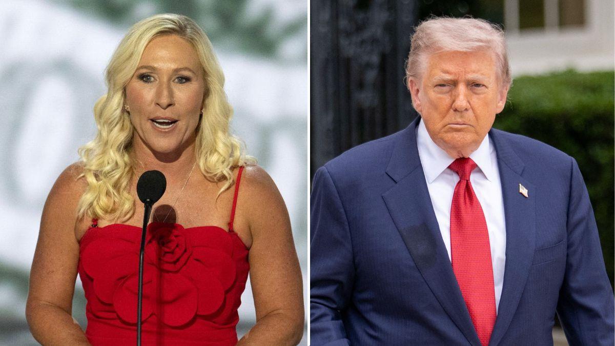 split image of Marjorie Taylor Greene and Donald Trump