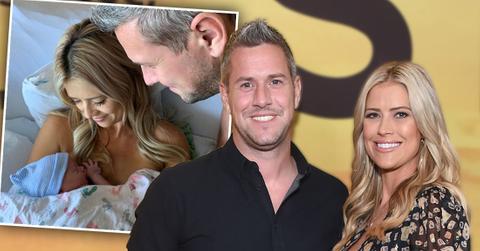 Inset Of Christina El Moussa Anstead Wearing Hospiatl Gown Looking Don At her Newborn Baby While Ant Anstead looks on, Smiling Ant Anstead In Black Dress Shirt and Smiling Christina El Moussa Anstead Wearing Brown And Yellow Print Dress