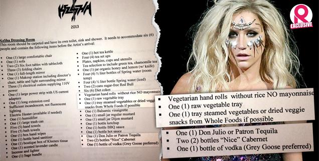 //kesha dressing room tour demands barely eating only drinking tequila vodka alcohol wide