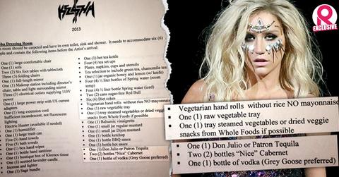 //kesha dressing room tour demands barely eating only drinking tequila vodka alcohol wide