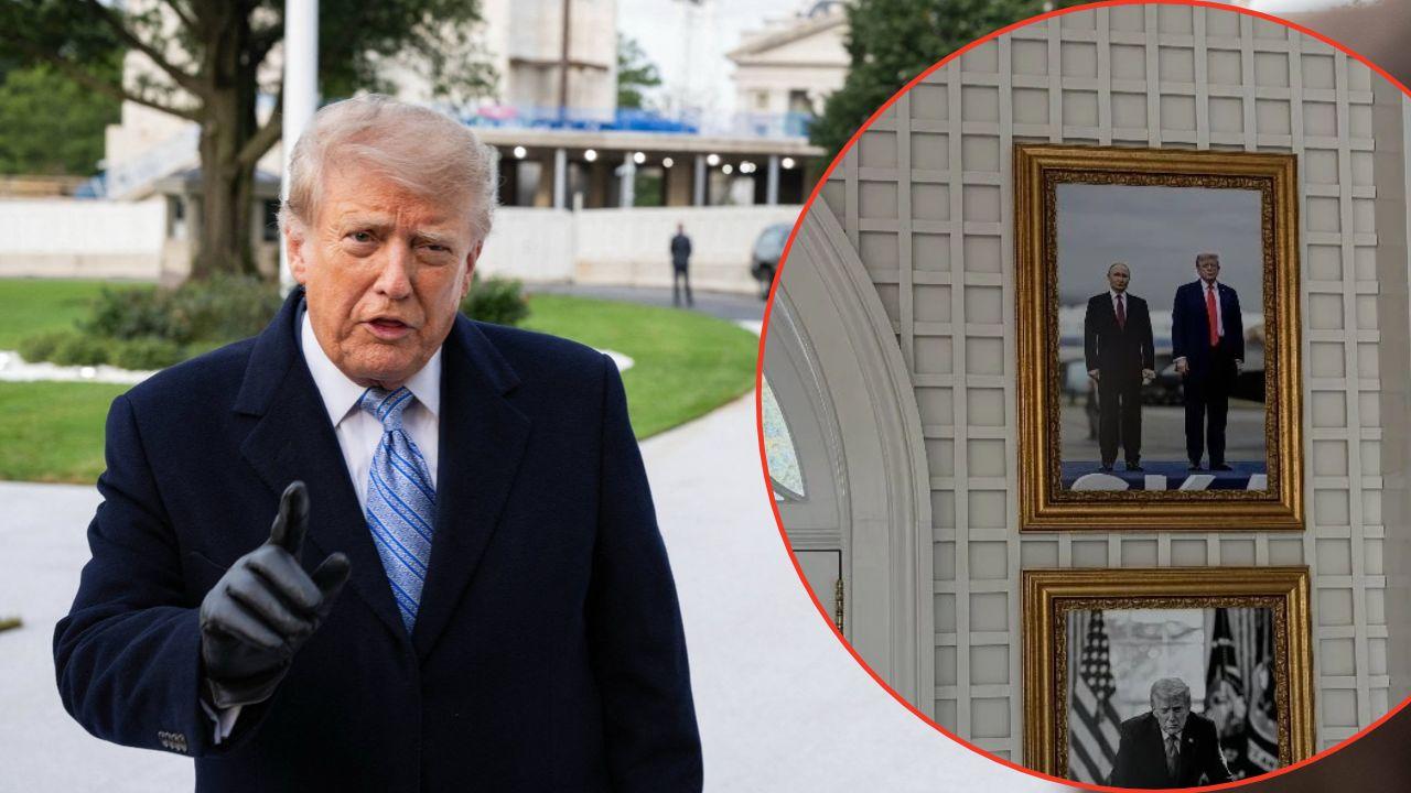 A photo of Donald Trump alongside a photo from inside the White House