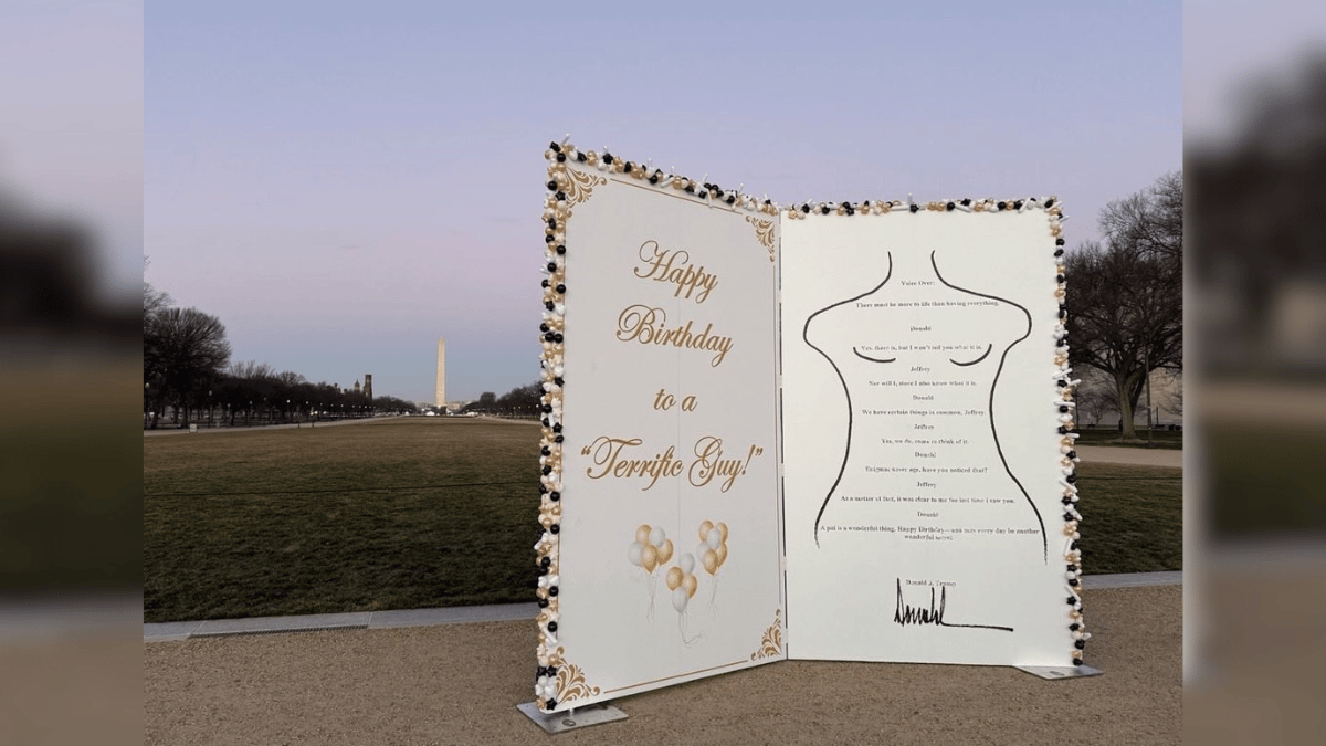 Photo of a replica of the birthday card Donald Trump allegedly wrote to Jeffrey Epstein