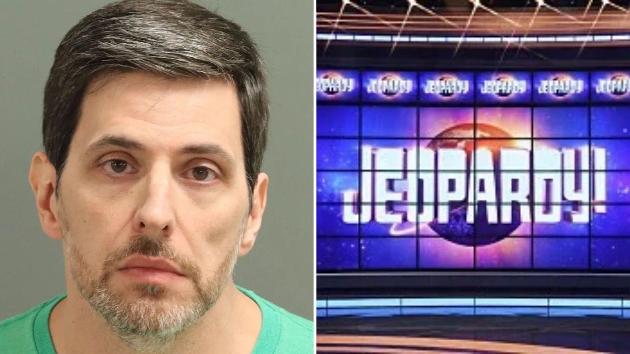A mugshot of Philip DeSena alongside a photo of the 'Jeopardy!' stage
