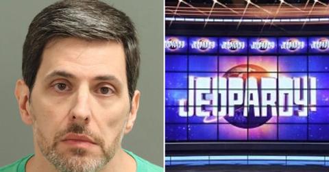 A mugshot of Philip DeSena alongside a photo of the 'Jeopardy!' stage