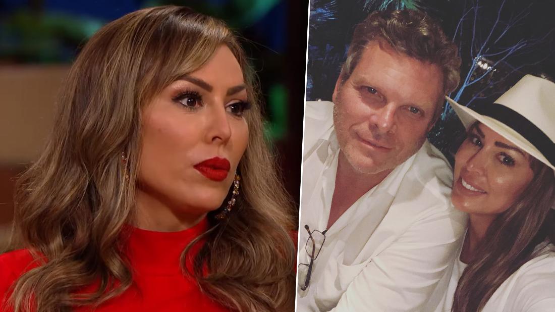 Kelly Dodd Wearing Red Dress Looking Upset With Inset of Brian Reagan and Kelly Dodd Smiling