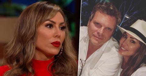 Kelly Dodd Wearing Red Dress Looking Upset With Inset of Brian Reagan and Kelly Dodd Smiling