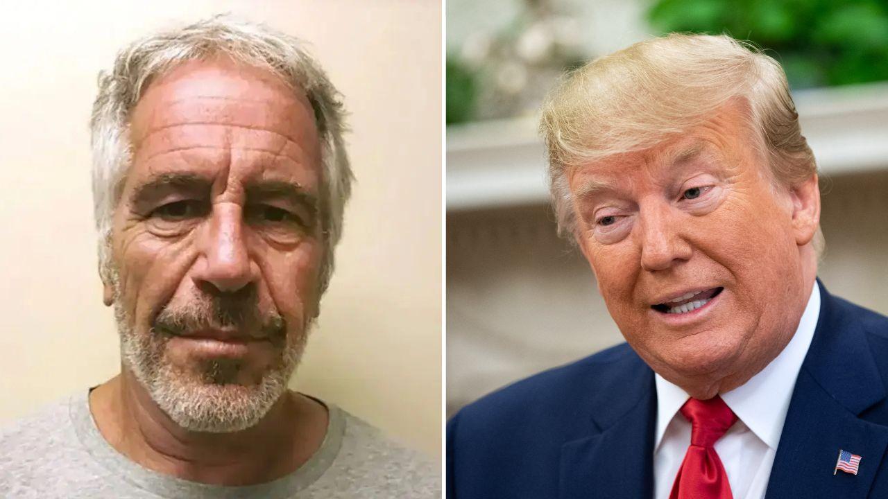 A mugshot of Jeffrey Epstein alongside a photo of Donald Trump