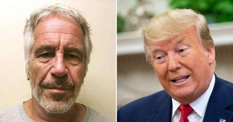 A mugshot of Jeffrey Epstein alongside a photo of Donald Trump