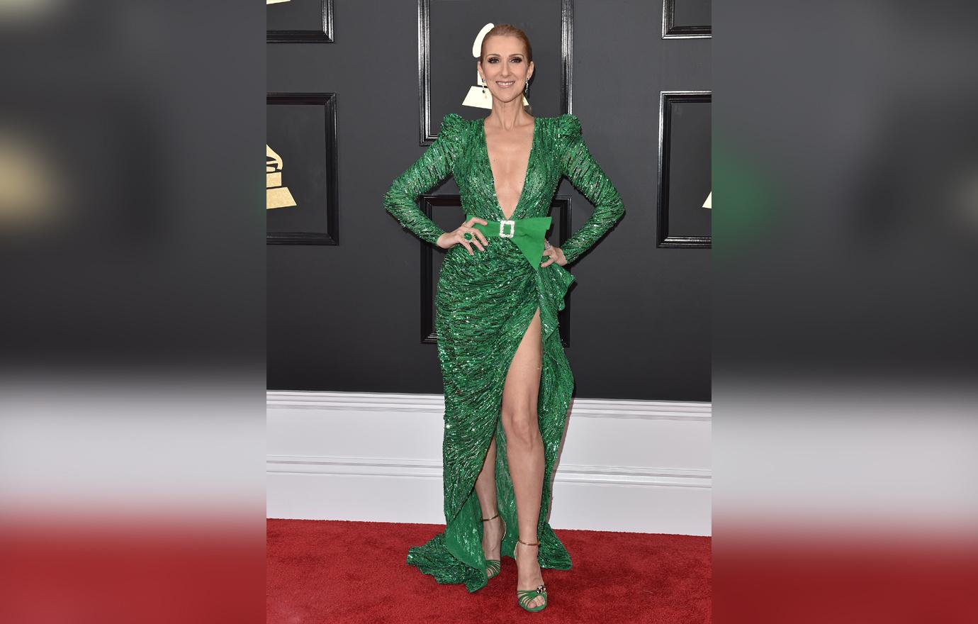 Celine Dion wears a green dress