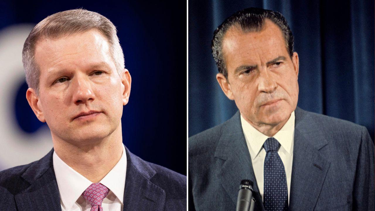 Split image of Riley Moore and Richard Nixon