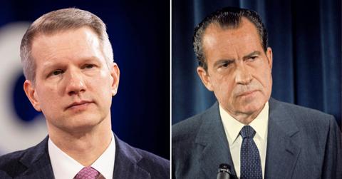 Split image of Riley Moore and Richard Nixon