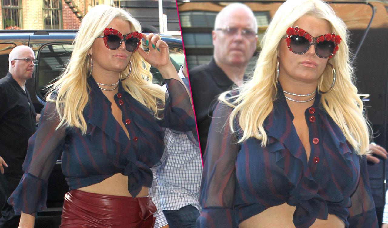 Jessica Simpson Shows Curves & Belly In Red Leather Skirt