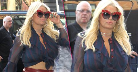 //jessica simpson belly boobs red leather skirt pp