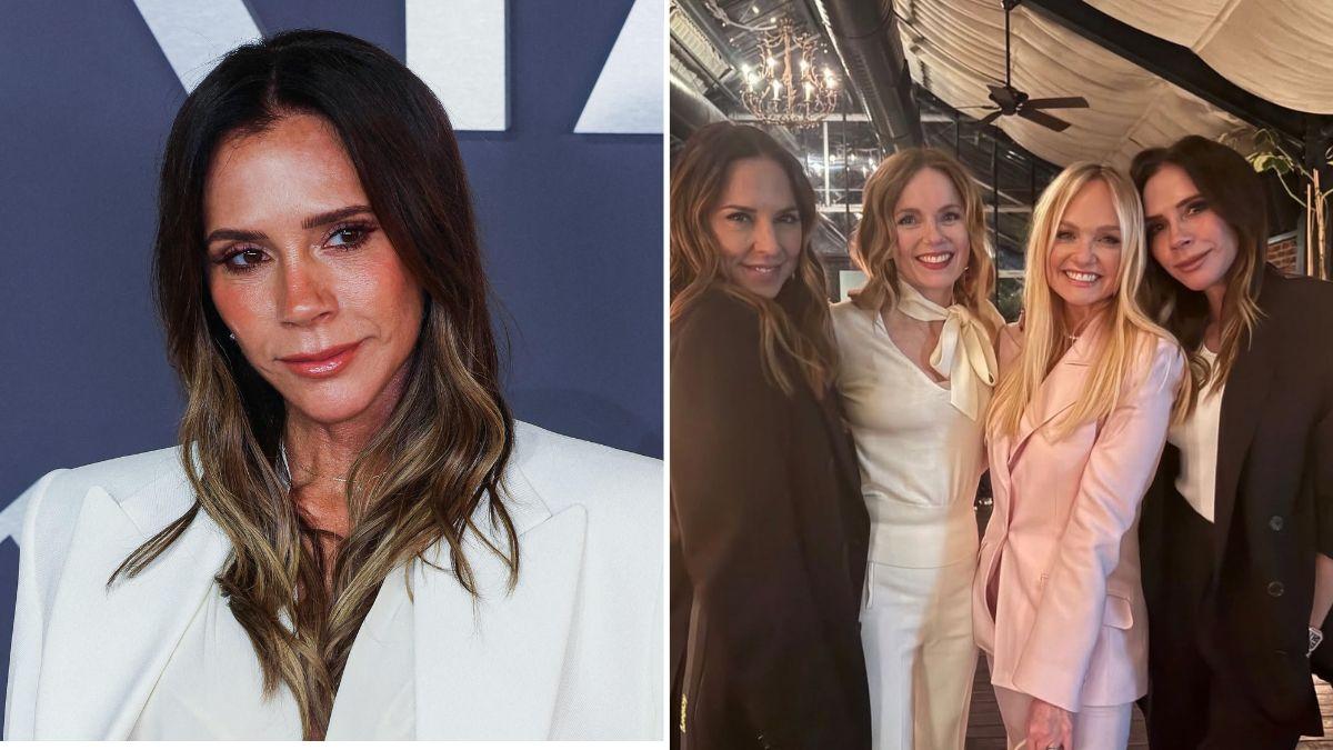 split image of Victoria Beckham and Melanie Chisholm, Emma Bunton, Geri Halliwell, and Victoria Beckham