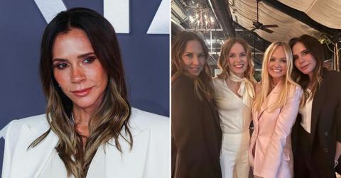 split image of Victoria Beckham and Melanie Chisholm, Emma Bunton, Geri Halliwell, and Victoria Beckham