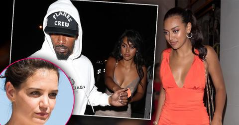 Inset Katie Holmes, Inset Jamie Foxx Wearign White Hoody and Black SweatpantsHolding Hands With Sela Vave Wearing Taupe Spaghetti Strap Mini Slip Dress,Sela Vave walking Wearing Coral Halter mini dress