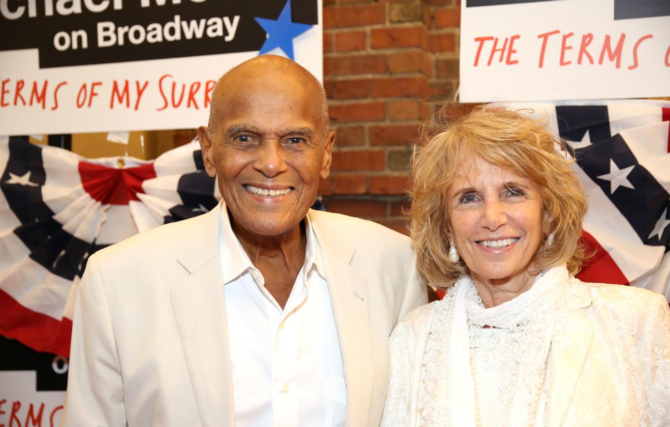 Harry Belafonte and Pamela Frank attended the Broadway Opening Night Performance for 'Michael Moore on Broadway' at the Belasco Theatre on August 10, 2017 in New York City.