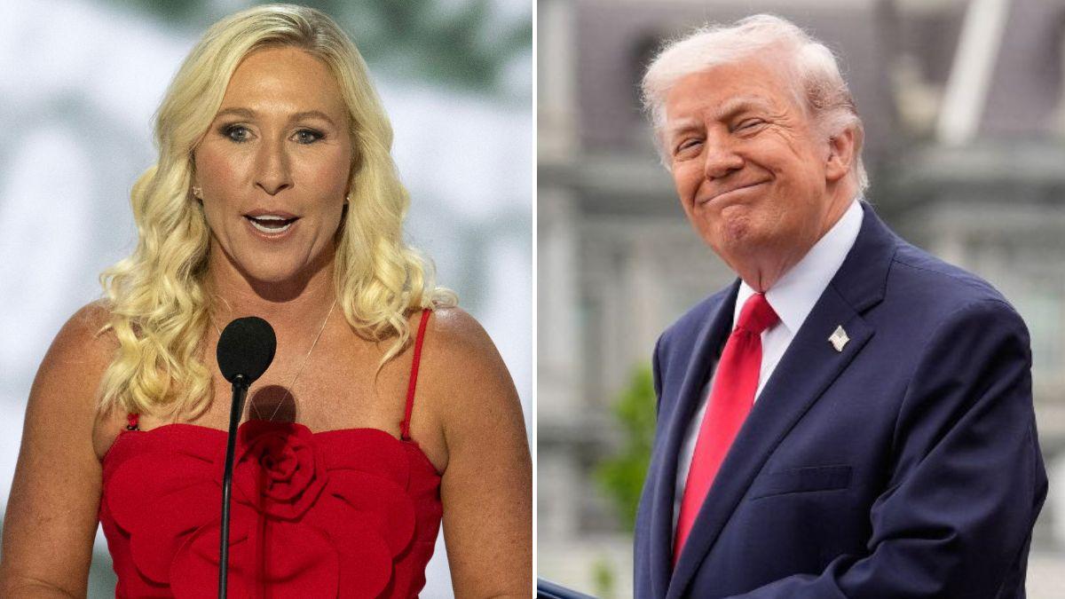 split image of Marjorie Taylor Greene and Donald Trump