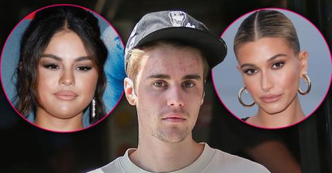 Justin Bieber Looking Serious Wearing Black Cap with Insets of Selena Gomez and Hailey Baldwin Looking Serious
