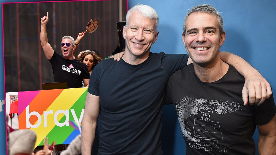 Andy Cohen and Anderson Cooper in Dark T shirts Inset Andy Cooper in Black TShirt Death=Silence On Float at Gay Pride Parade