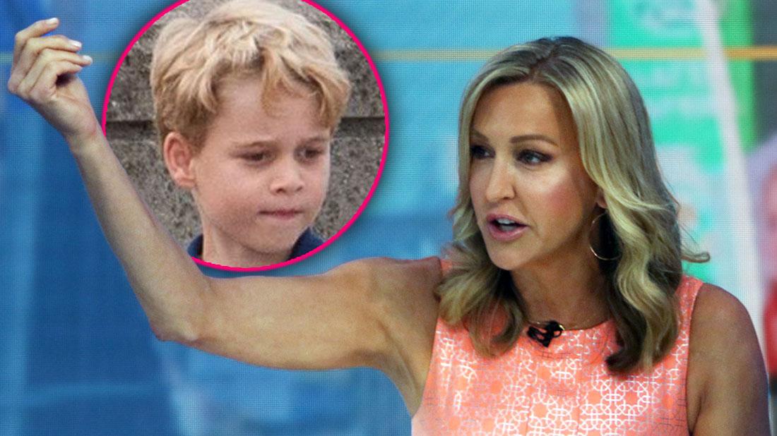 Lara Spencer Looking Towards Inset Photo Of Prince George Wearing Patterned Peach Color Dress With Her Right Arm Extended